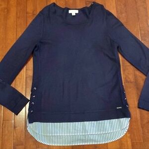 Calvin Klein Navy White Pinstripe Layered Hem Long Sleeve Sweater work w…